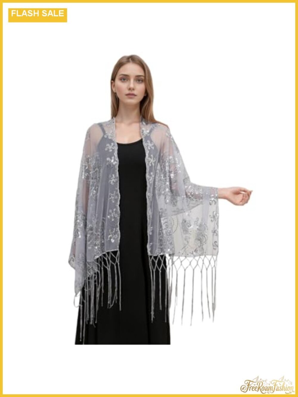Sequin Floral Lace Shawl Wrap Fringed Evening Cape for Wedding Party